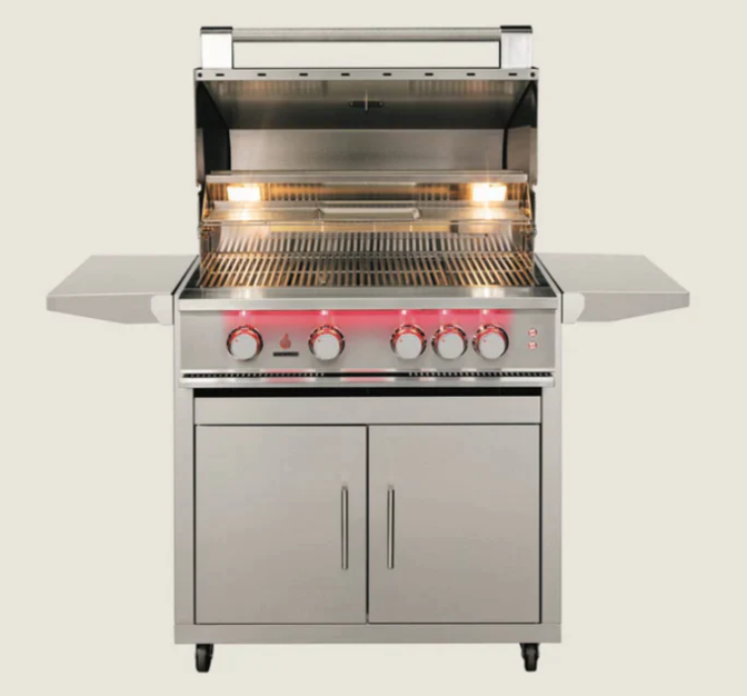 TrueFlame - 32-Inch 4-Burner Freestanding Deluxe Grill with Fold-Down Side Shelves, KD - Liquid Propane Gas - TF32-LP + CART-TF-32DC