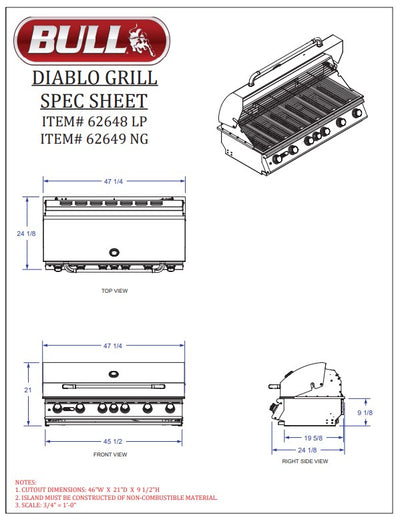 Bull Diablo - 46-Inch 6-Burner Built-In Grill - Liquid Propane Gas with Rotisserie - 62648