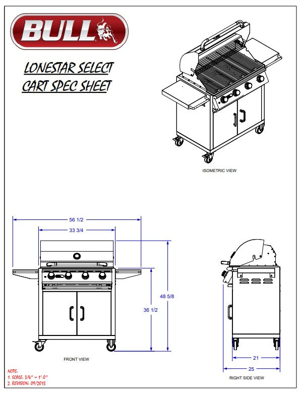 Bull Lonestar Select - 30-Inch 4-Burner Freestanding Grill Cart - Liquid Propane Gas - 87001