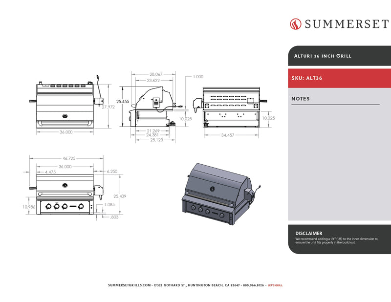 Summerset Alturi - 36-Inch 3-Burner Built In Grill - Liquid Propane Gas - ALT36T-LP