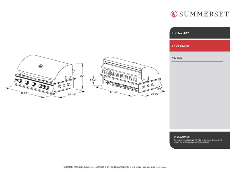 Summerset Sizzler - 40-Inch 5-Burner  Built In Grill - Liquid Propane Gas- SIZ40-LP