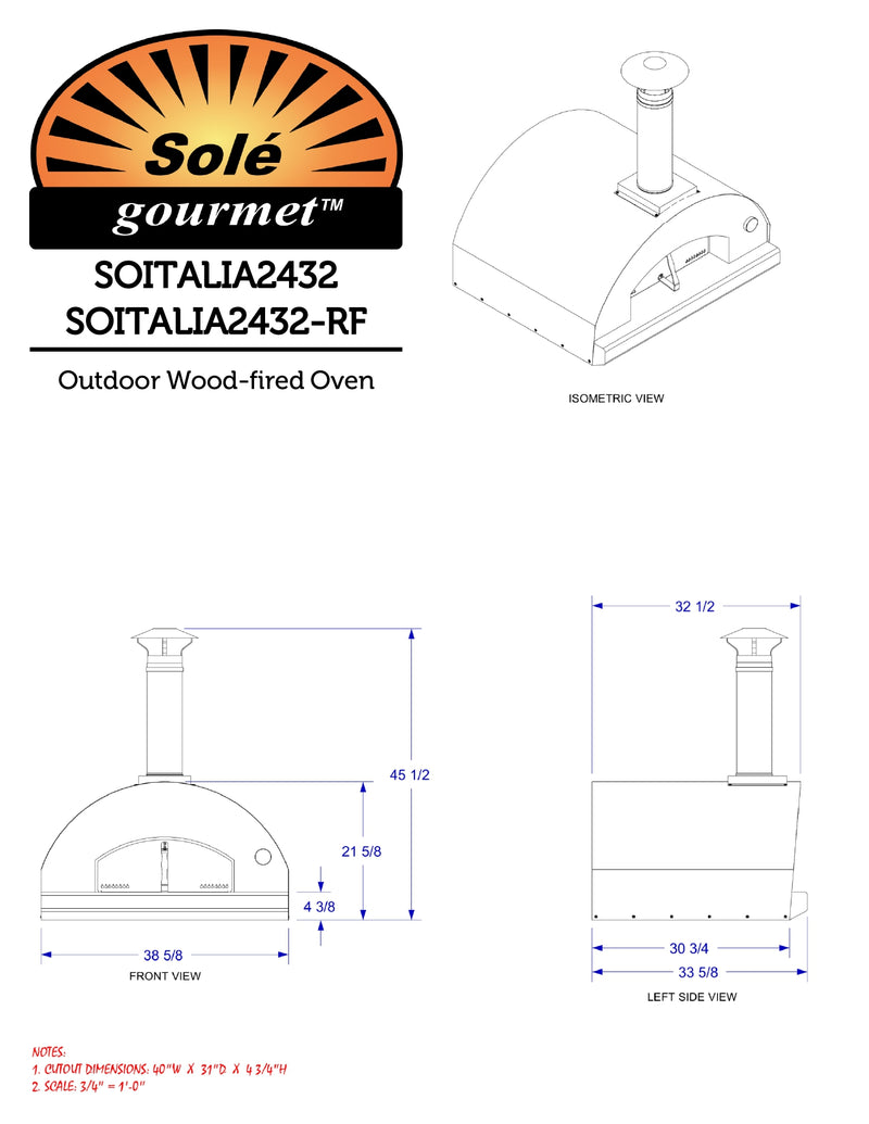 Sole Gourmet Italia 24 inch Outdoor Wood Fired Pizza Oven - ITALIA2424-PKG