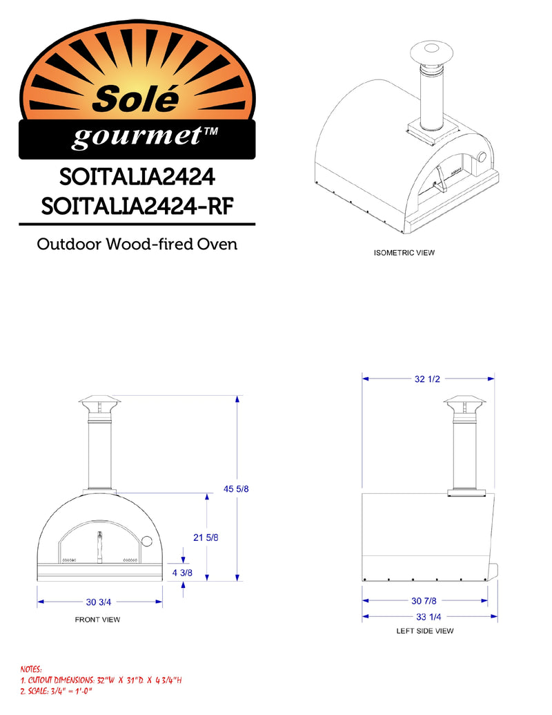 Sole Gourmet Italia - 32-Inch Countertop Outdoor Pizza Oven - Wood Fired - ITALIA2432-RF