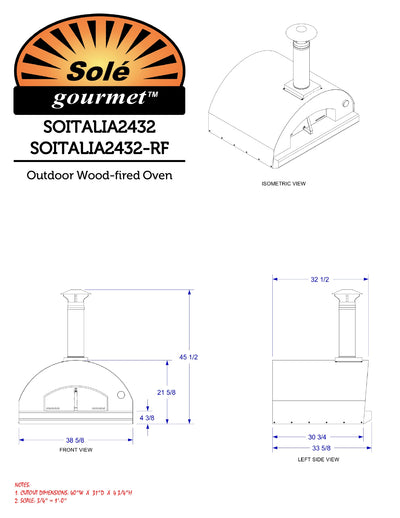 Sole Gourmet Italia - 32-Inch Countertop Outdoor Pizza Oven - Wood Fired - ITALIA2432-RF