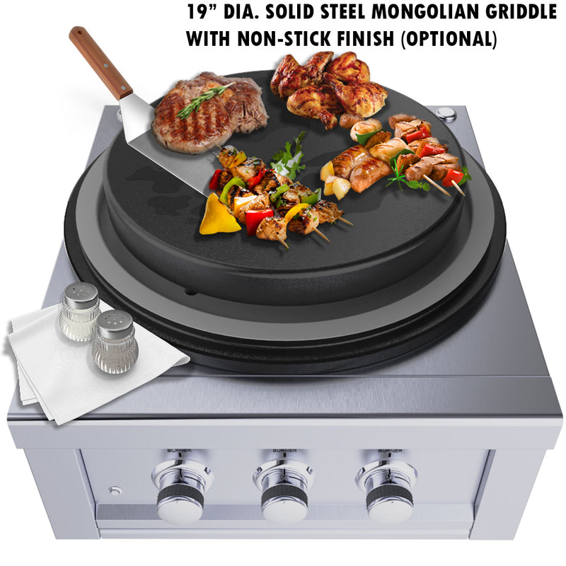 Sunstone 19" DIA. Solid Steel Flat Top Griddle w/non Stick Finish & Powder Coated Oil Pan - SUN24PCB-GRIDDLE
