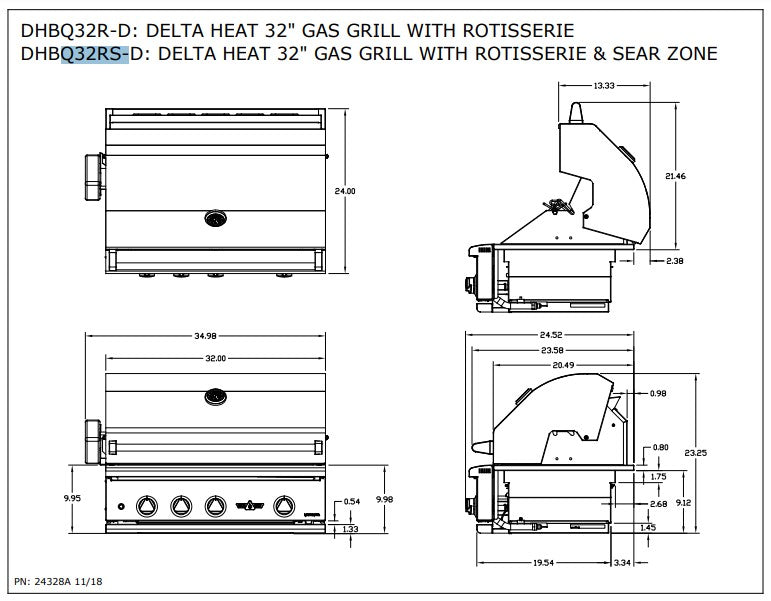 Delta Heat - 32-Inch 3-Burner Freestanding Grill with Sear Zone and Infrared Rotisserie Burner - Liquid Propane Gas - DHBQ32RS-DL + DHGB32-C