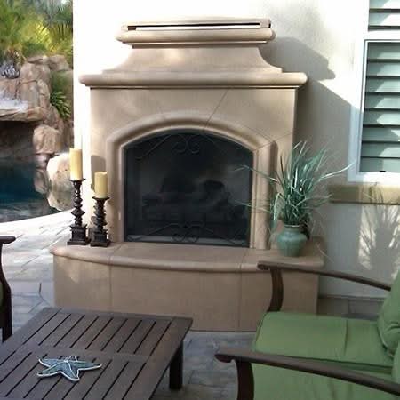 American Fyre Designs 67 Inch Vented Free-Standing Outdoor Mariposa Fireplace, 16 Inch Radiused Bullnose, No Recess, Smoke, Key Value on the RIGHT/Gas Source out the BACK- 073-01-N-SM-RBC