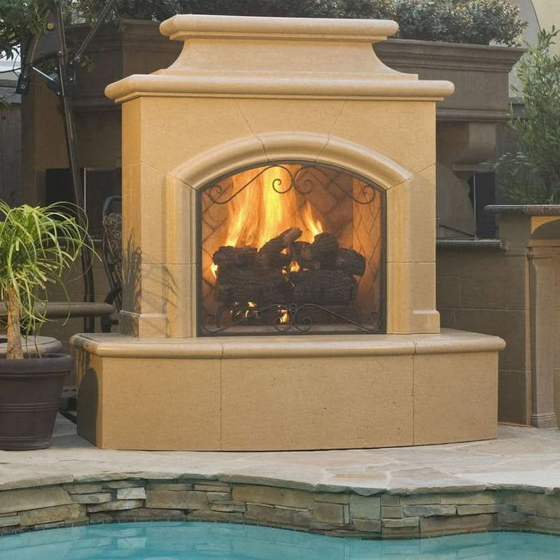 American Fyre Designs 67 Inch Vented Free-Standing Outdoor Mariposa Fireplace, 16 Inch Radiused Bullnose, No Recess, Smoke, Key Value on the RIGHT/Gas Source out the BACK- 073-01-N-SM-RBC