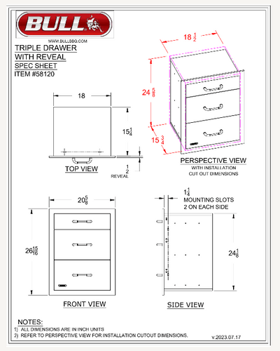 Bull Drawer, Triple, 2+1 S/S w/ Reveal - 58120 (Old Sku 58110)