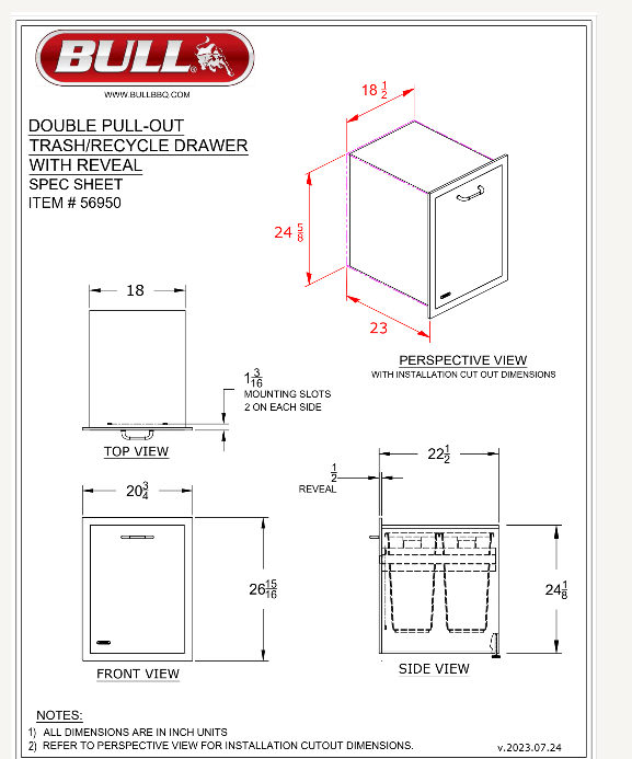 Bull Double Pull Out Trash/ Recycle Drawer (8 Gallon) w/ Reveal - 56950 (Old Sku 56935)