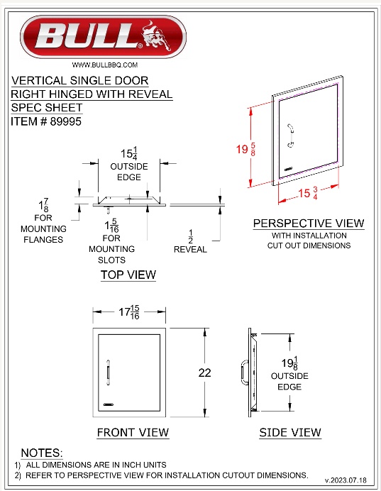 Bull Vertical Stainless Steel Access Door w/ Reveal - 89995 (Old Sku 89975)