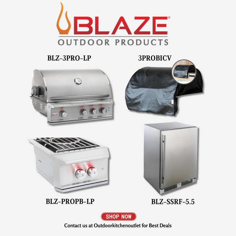 Blaze 3 Pro 3 Burner Grill Package w/ Power Burner, Refrigerator, Grill Cover LP