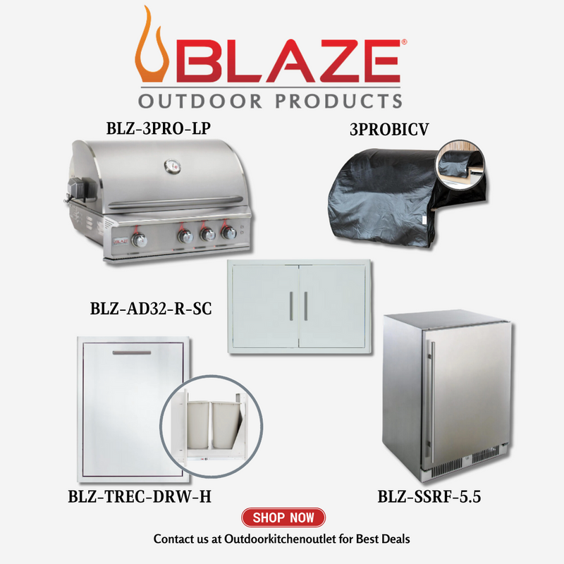 Blaze 3 Pro Burner Grill Package w/ Cover, Trash Drawer, Door, Refrigerator LP