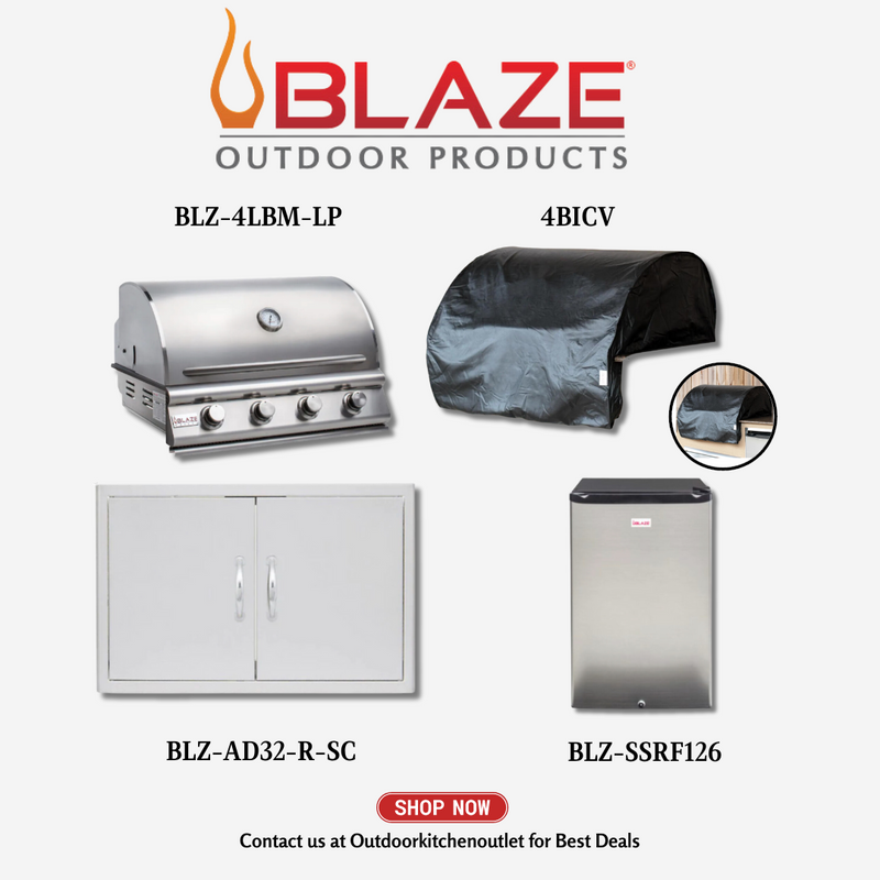 Blaze Prelude LBM 4 Burner 32 inch Grill Package w/ Cover, Door, Refrigerator LP