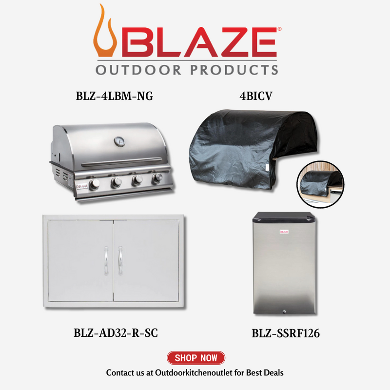 Blaze Prelude LBM 4 Burner 32 inch Grill Package w/ Cover, Door, Refrigerator NG BLZ4LBM4PCPKGNG.1