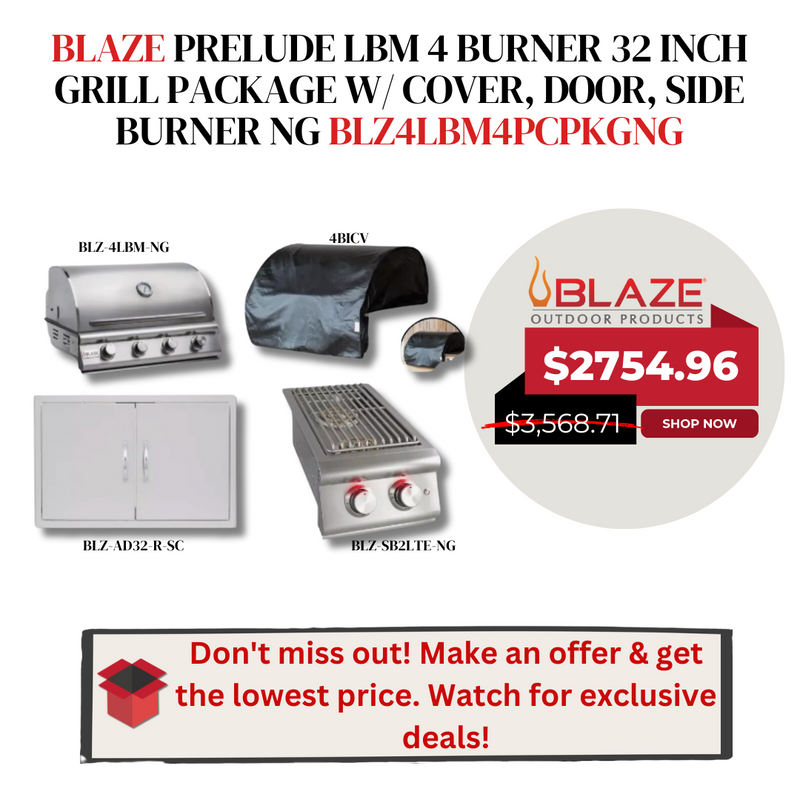 Blaze Prelude LBM 4 Burner 32 inch Grill Package w/ Cover, Door, Side Burner NG