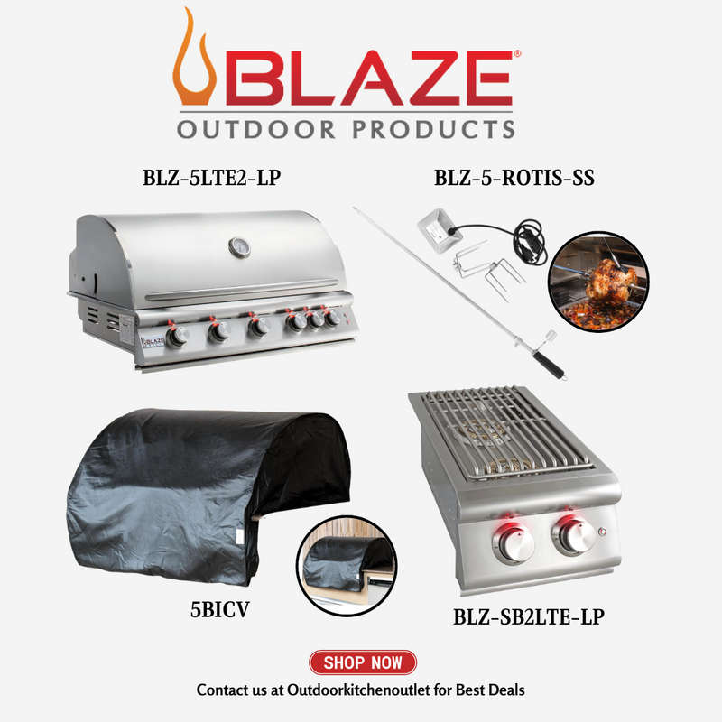 Blaze LTE Premium 5 Burner Grill Package w/ Rotisserie, Cover, Side Burner LP