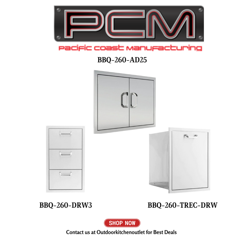 PCM BBQ-260-AD25 Double Access Door with Trash Bin and Tripple Drawer - PCKG1-BBQ-260-AD25