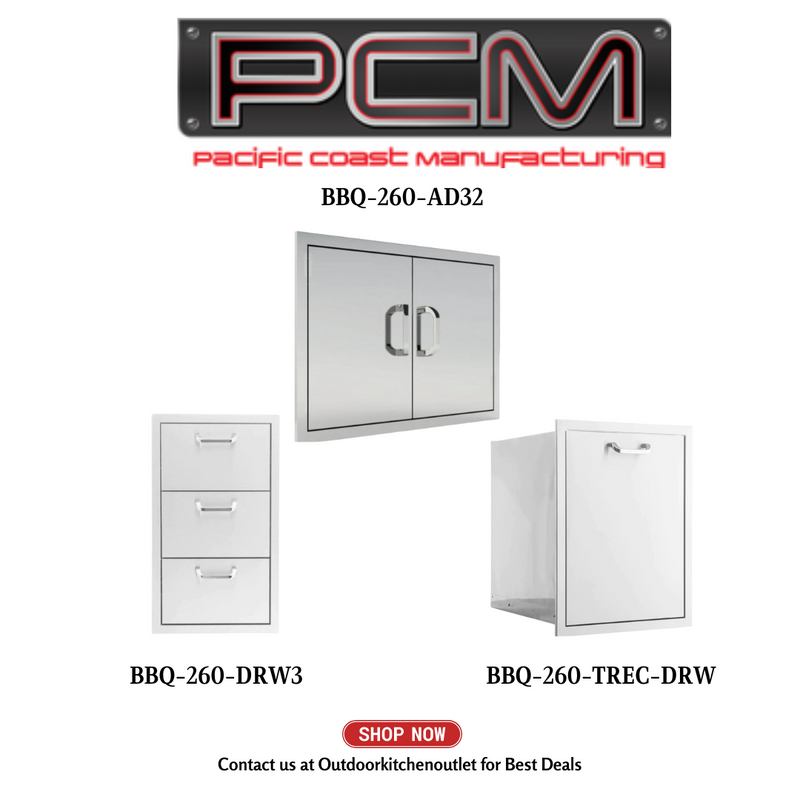 PCM BBQ-260-AD32 Double Access Door with Trash Bin and Tripple Drawer - PCKG1-BBQ-260-AD32