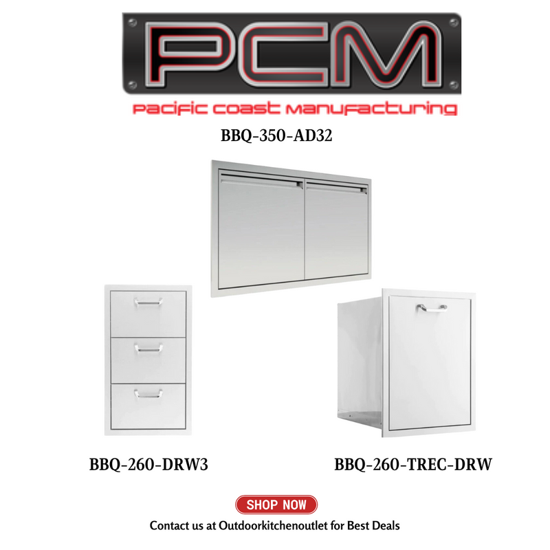 PCM BBQ-350-AD32 Double Access Door with Trash Bin and Tripple Drawer - PCKG1-BBQ-350-AD32