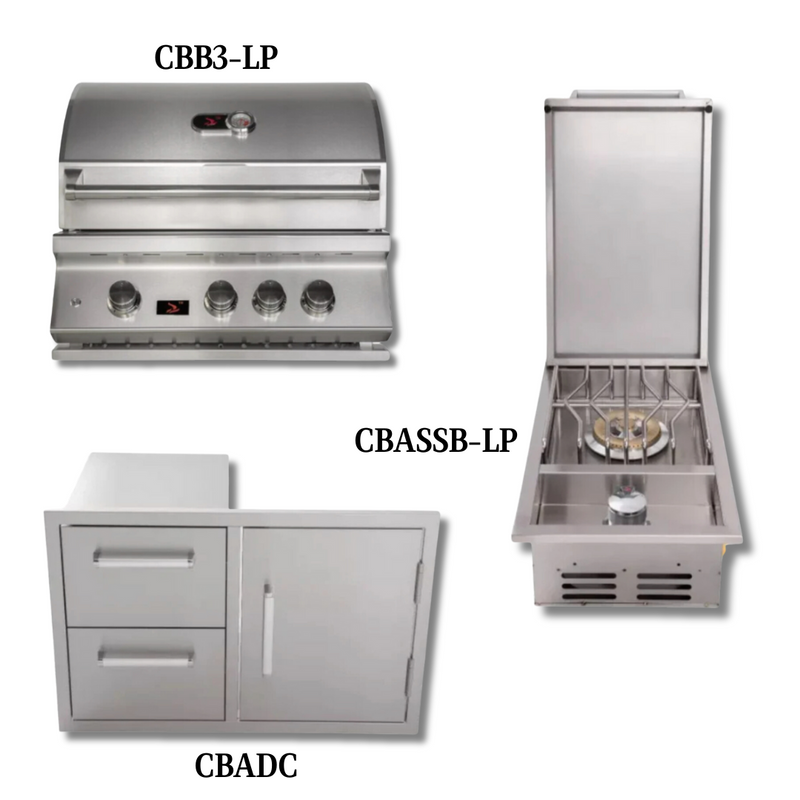 Bonfire Whistler - 28-Inch 3-Burner Built-In LP Grill with Side Burner and Door/Drawer Combo - PCKG1CBB3-LP-SBDD