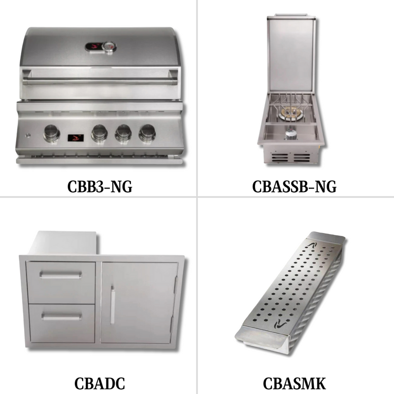 Bonfire Whistler - 28-Inch 3-Burner Built-In NG Grill with Side Burner, Door/Drawer Combo and Smoker Box - PCKG2CBB3-NG-DDSMKBX