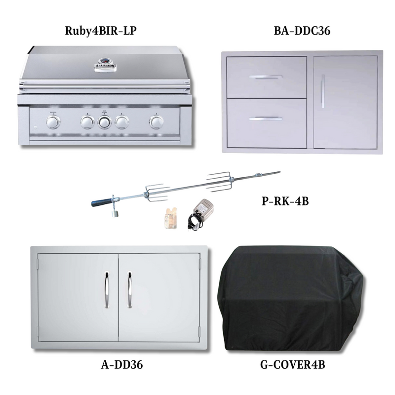 Sunstone Ruby4BIR LP Package with Double Access Door, Cover, Rotisserie Kit and Double Drawer & Door Combo - Ruby4BIR-LP-PCKG2