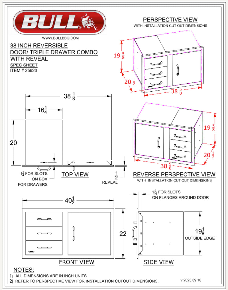 Bull 38" 3 Drawer Door Combo w/ Reveal - 25920