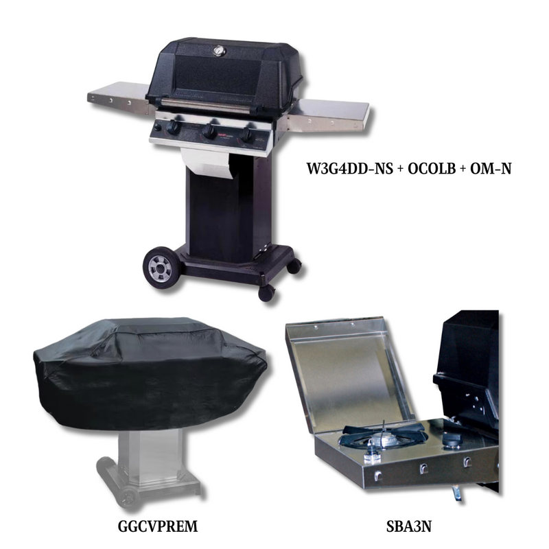 MHP W3G4DD Natural Gas with Sear Magic Grids on Black Cart Grill  with Cover and Single side burner - PCKG3-W3G4DD-NS