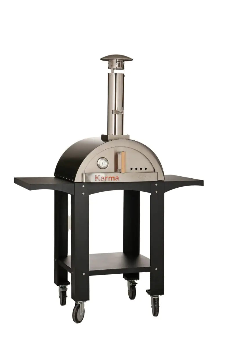 WPPO - Karma 25 Wood Fired Outdoor Pizza Oven in Black w/ Black Stand on 4 Casters and Side Shelf - WKK-01S-WS-Black