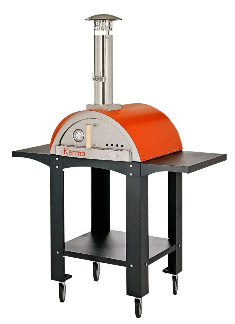 WPPO - Karma 25 Wood Fired Outdoor Pizza Oven in Orange w/ Black Stand on 4 Casters and Side Shelf - WKK-01S-WS-Orange