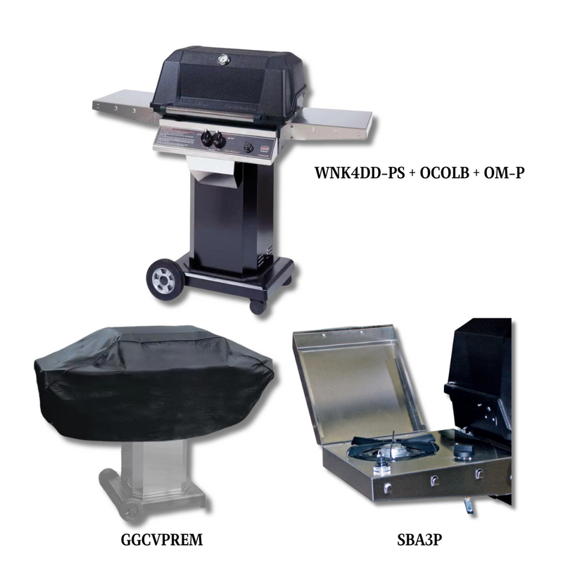 MHP WNK4DD Liquid Propane Gas with Sear Magic Grids on Black Cart Grill with Cover and Single side burner - PCKG3-WNK4DD-PS