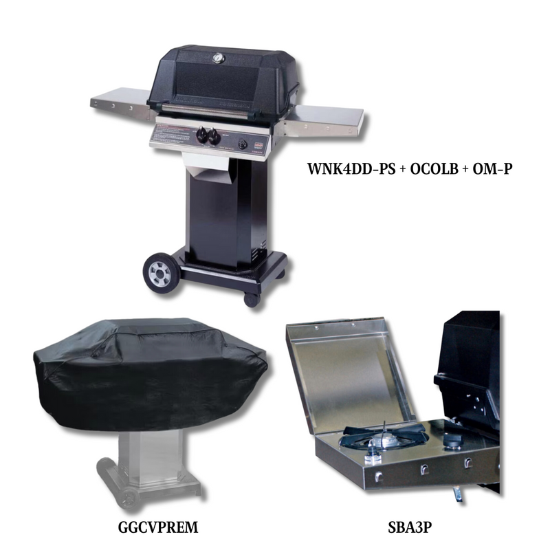 MHP WNK4DD Liquid Propane Gas with Sear Magic Grids on Black Cart Grill with Cover and Single side burner - PCKG4-WNK4DD-PS