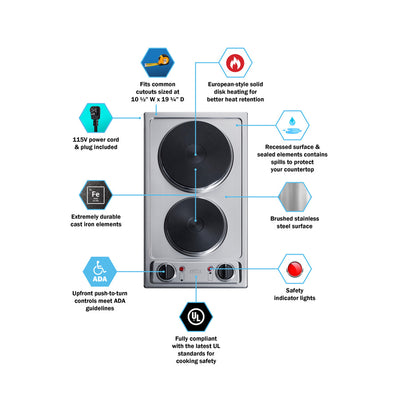 Summit - 12" Wide 115V 2-Burner Solid Disk Cooktop - CSD2B115