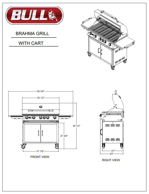Bull Brahma - 38-Inch 5-Burner Freestanding Grill Cart - Liquid Propane Gas with Rear Infrared Burner - 55000