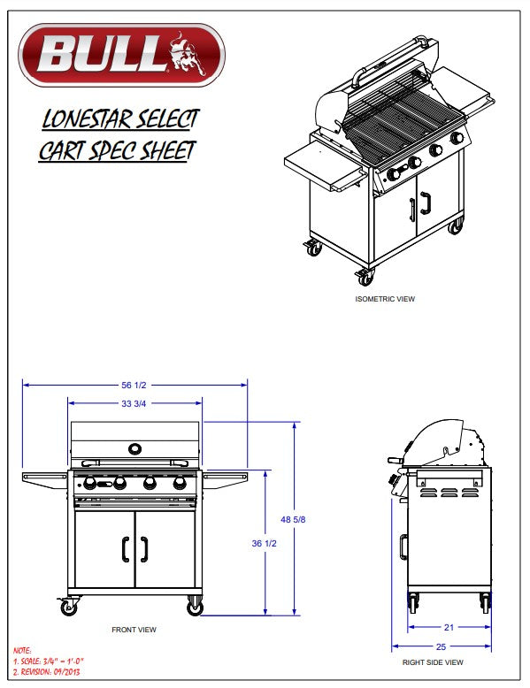 Bull Lonestar Select - 30-Inch 4-Burner Freestanding Grill Cart - Natural Gas - 87002
