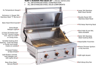 Sunstone Ruby - 30-Inch 3-Burner Built-In Grill - Natural Gas - RUBY3B-NG
